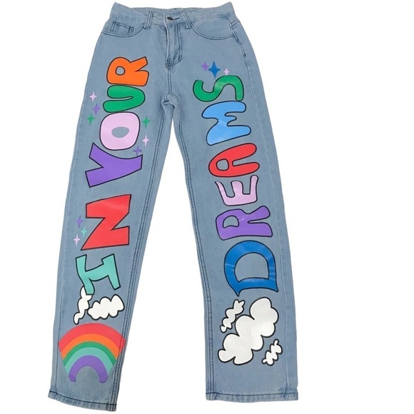 “In Your Dreams” Graffiti “Painted” High Waist Mom Jeans Size Small - Picture 8 of 8